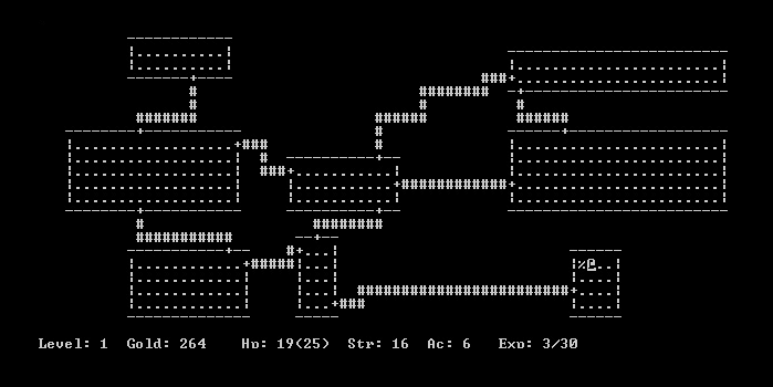 An image of rogue - the first roguelike, made of ascii characters